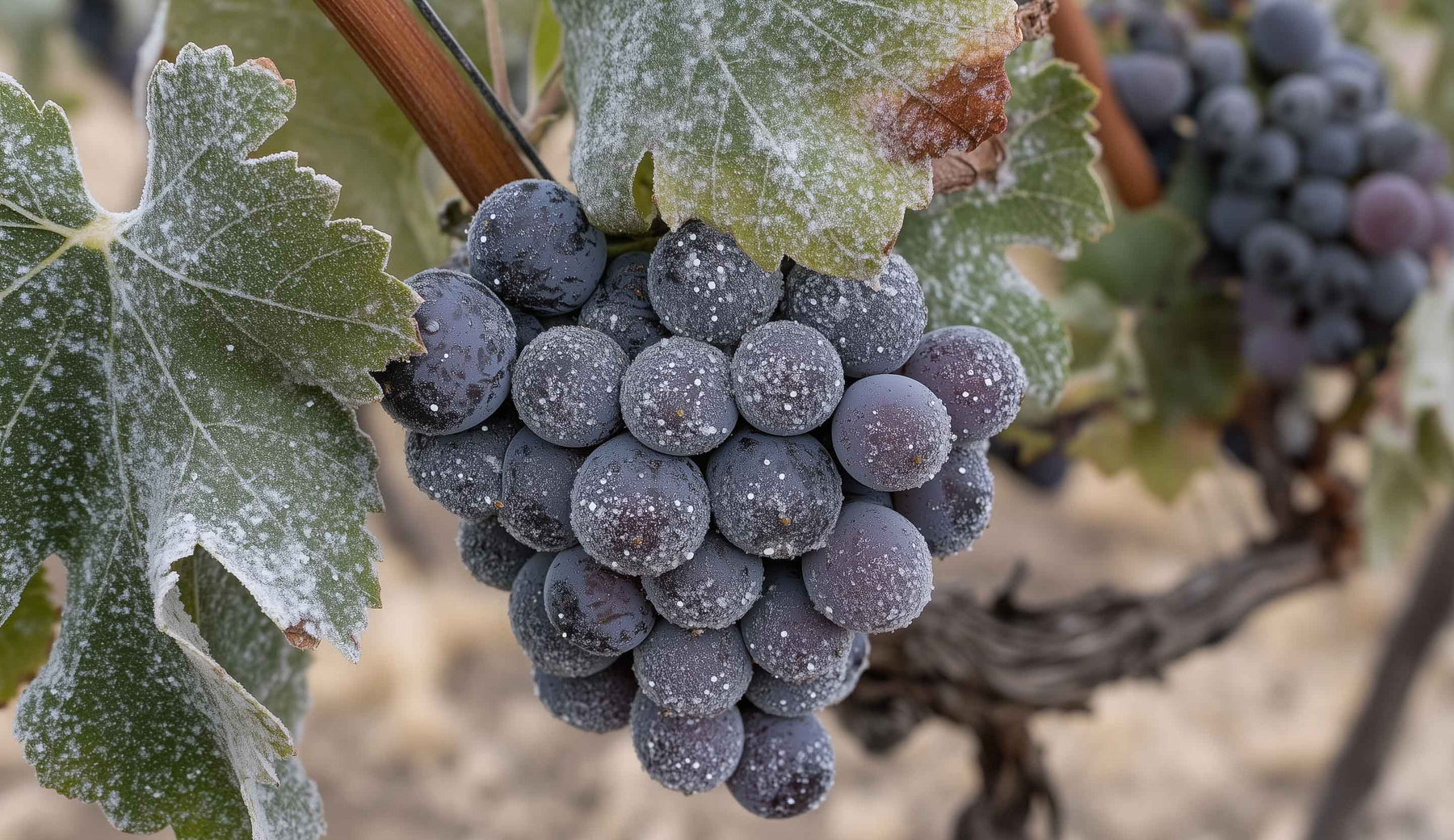 a grapevine with a layer of Powdery mildew on the leaves.