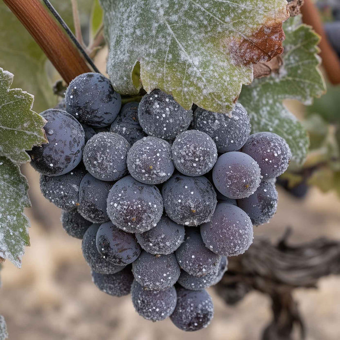 a grapevine with a layer of Powdery mildew on the leaves.