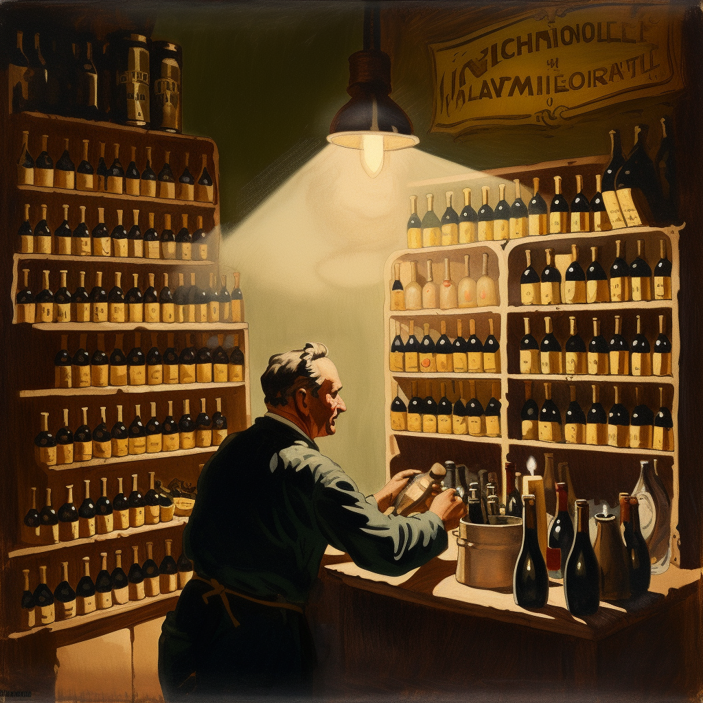 A man organising a dimly lit wine cellar